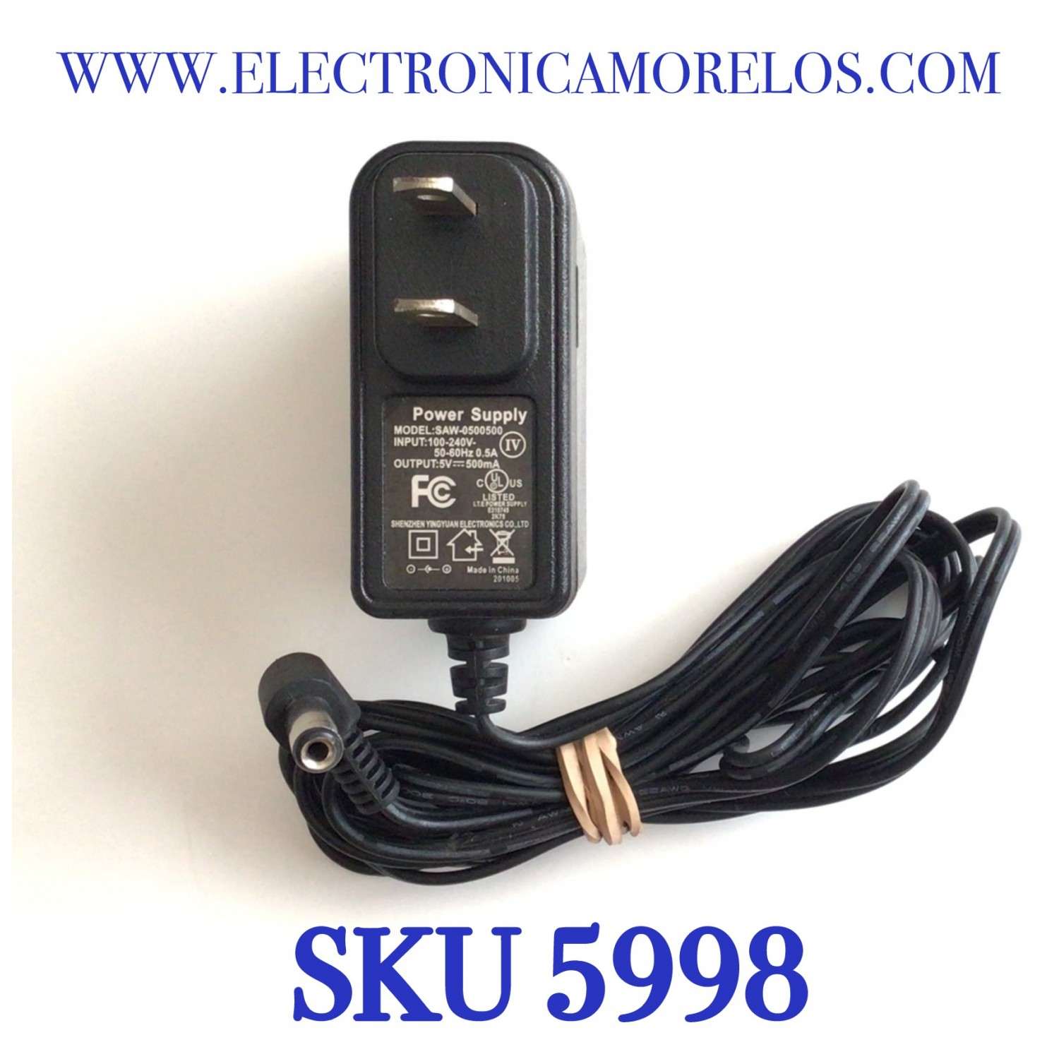 CARGADOR / ADAPTADOR DE FUENTE DE ALIMENTACION POWER SUPPLY VCA-VCD / NUMERO DE PARTE SAW-0500500 / ENTRADA VCA 100-240V~ 50-60HZ 0.5A / SALIDA VCD 5V 500MA / MODELO SAW-0500500
